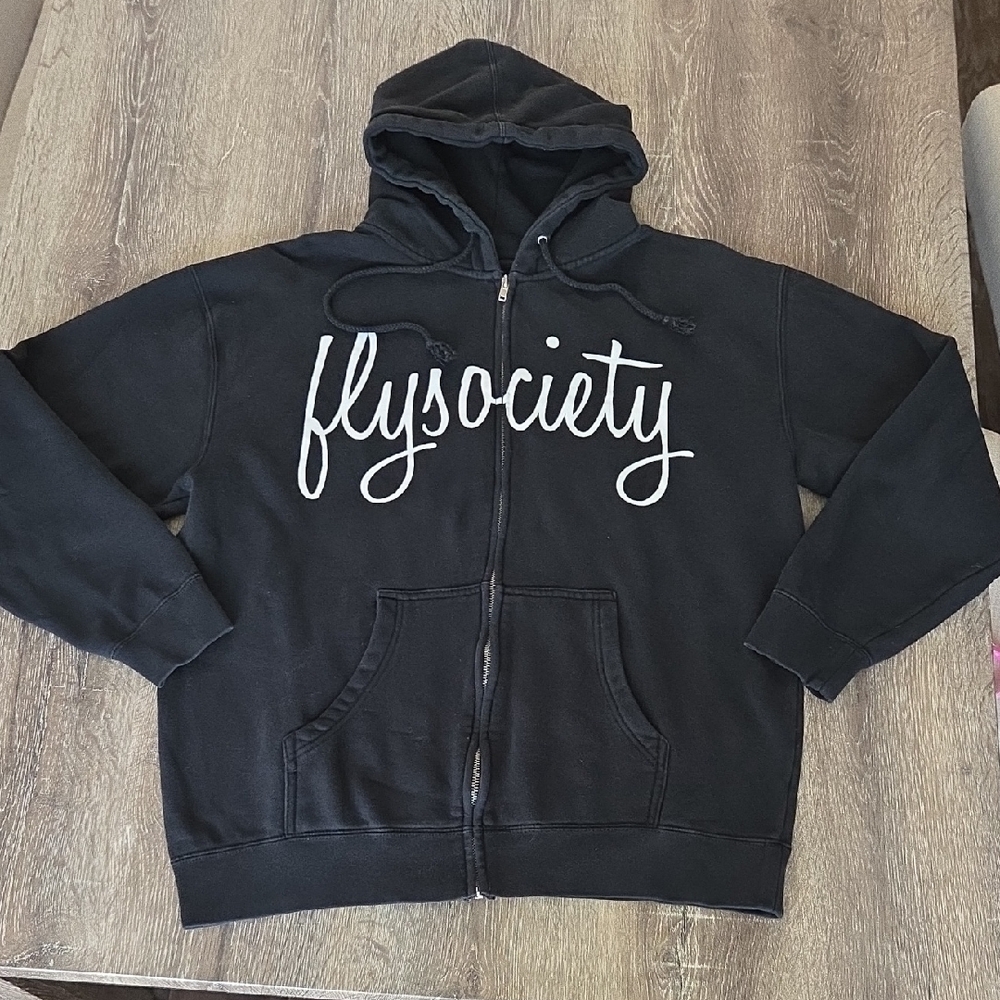 Fly Society Full Zip Black Graphic Hoodie Sweatshirt Jacket Large Unisex